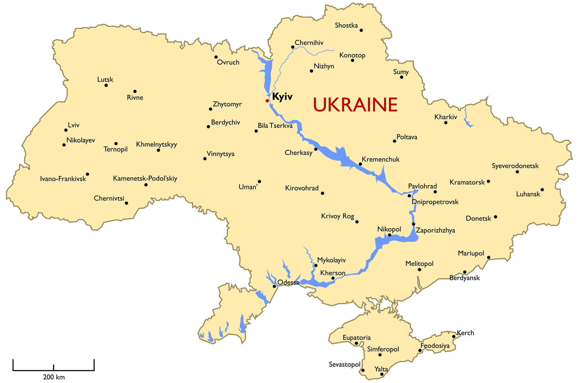 Karte der wichtigsten ukrainischen Städte